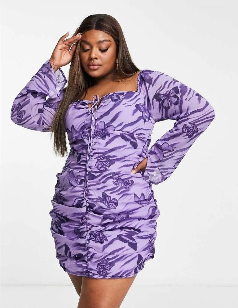 NWT ASOS Design Keyhole Purple Butterfly Print Mini Dress Size 10 Buttons Y2K - Image 8