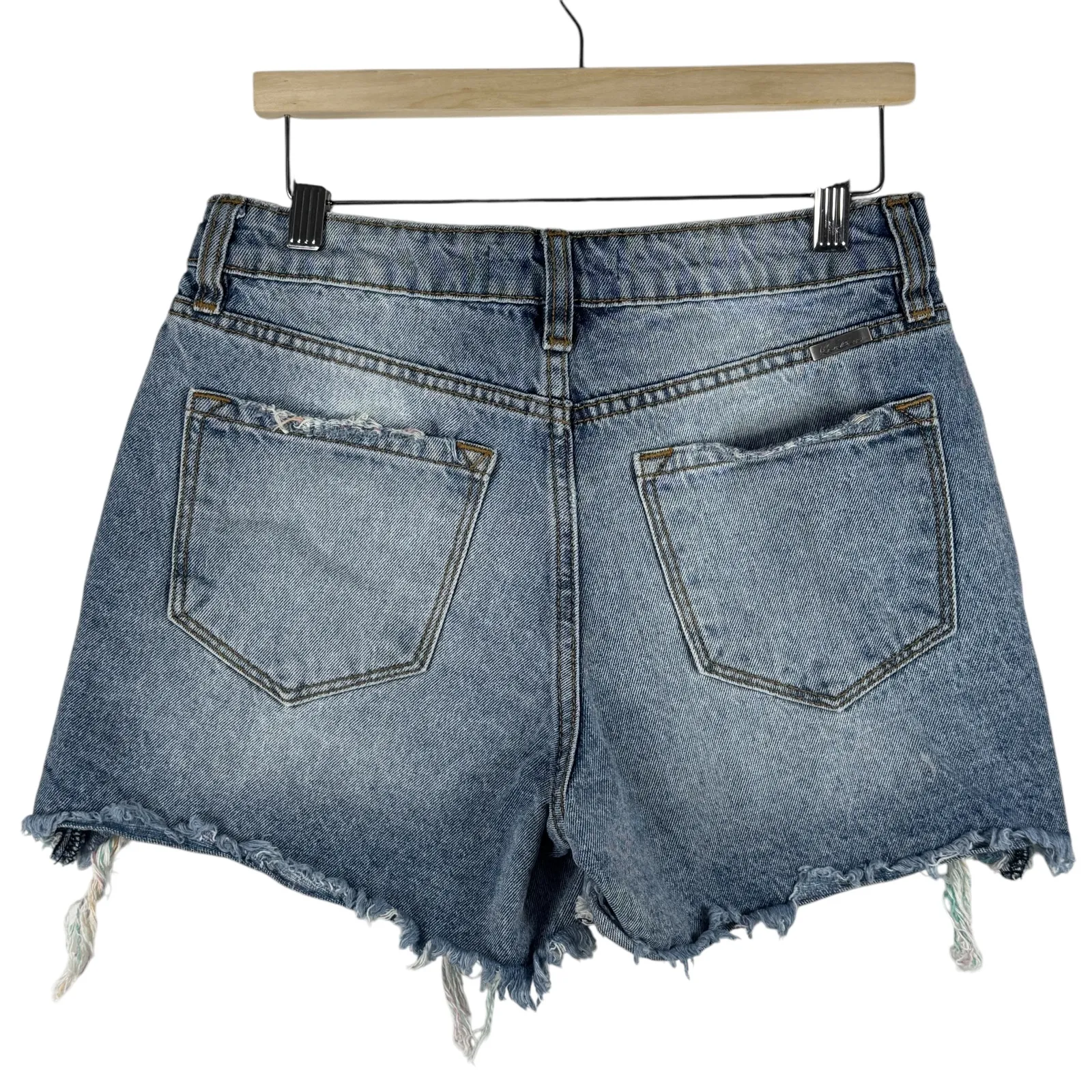 KanCan Distressed Rainbow Thread Denim Shorts High Waisted Ripped Blue‎ Jean S Blue - Image 2