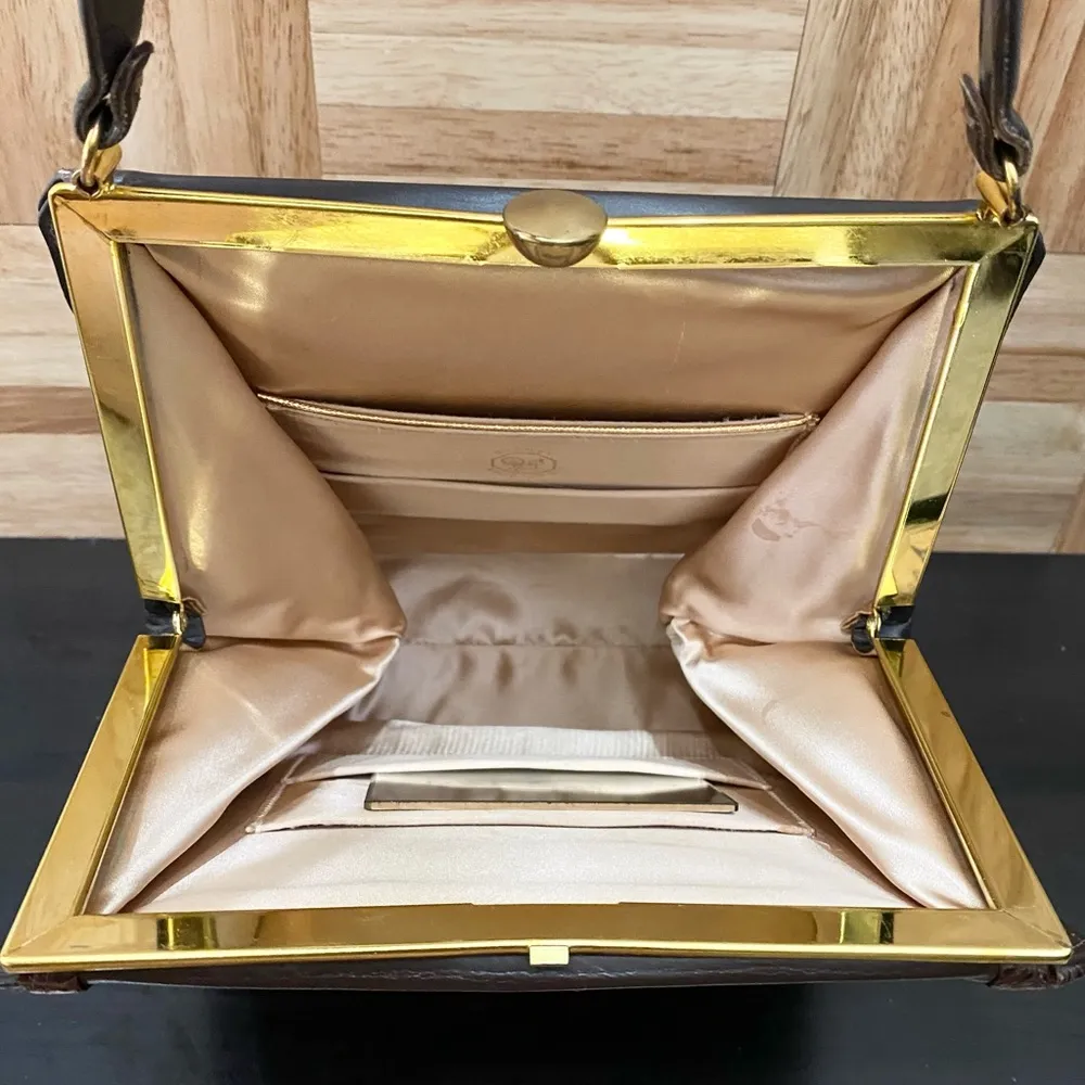 Vintage Sydney of California Brown Croc Leather Trim Top Handle Clutch Handbag - Image 15