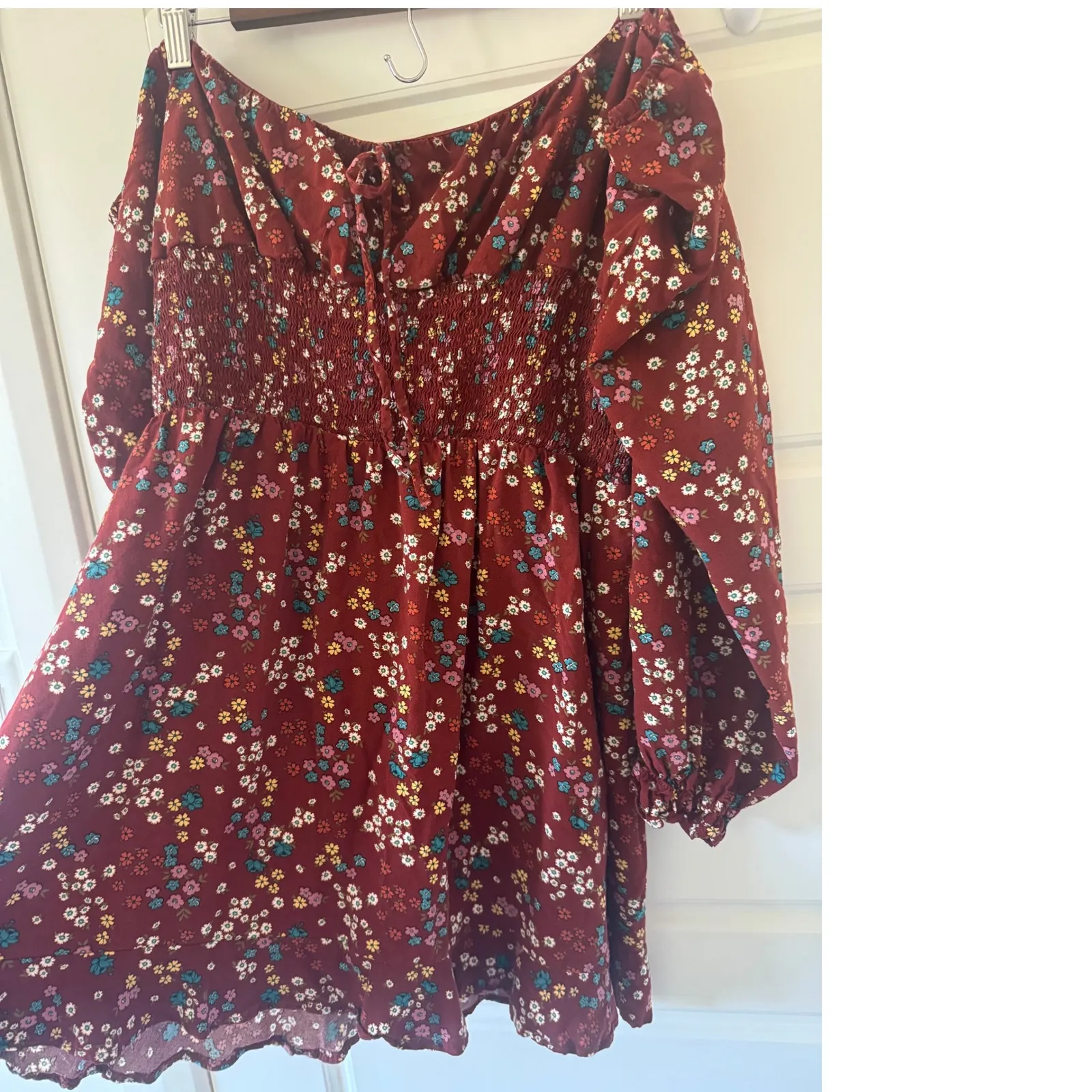 3rd + Malt sz XL Womens Red Floral Long Sleeve Tie Ruched Mini Dress Boho Dainty - Image 3