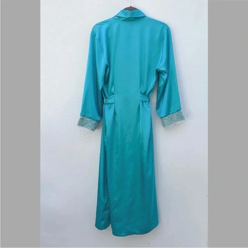 Jones New York silk robe small teal size medium lace cuffs - Image 2