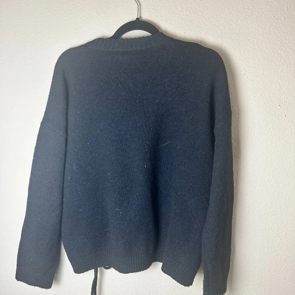 FRENCH CONNECTION Ruched Tie Front Crew Neck Sweater Size XS Black - Image 6