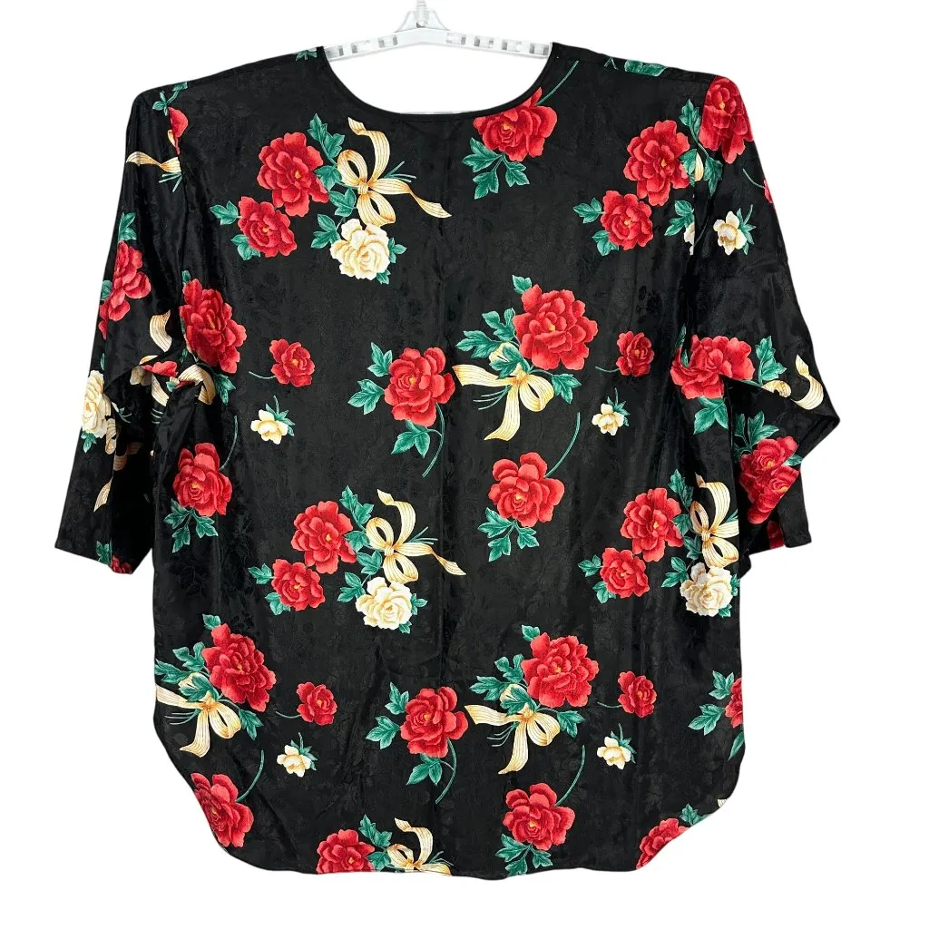 Just My Size Womens 4X Floral Button Front 34 Sleeve Black Blouse Pajama Top - Image 2