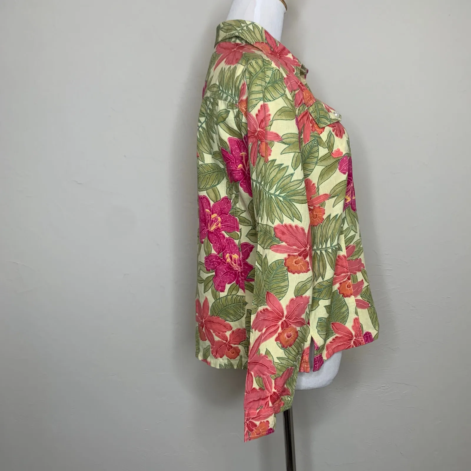 Vtg Floral Cotton Pearl Button Jacket Medium Pink - Image 4