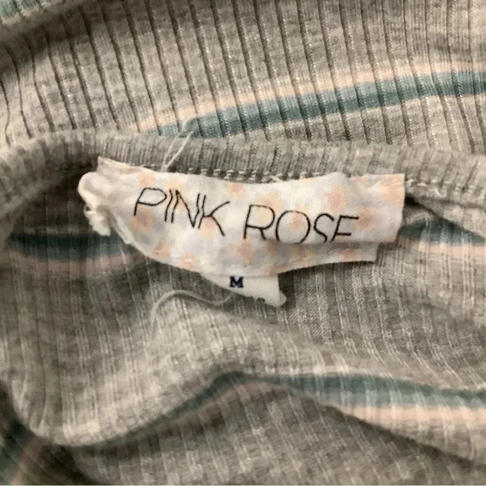 Pink Rose Lettuce Trim Striped Three Button Crop Top (Preowned) - Image 3