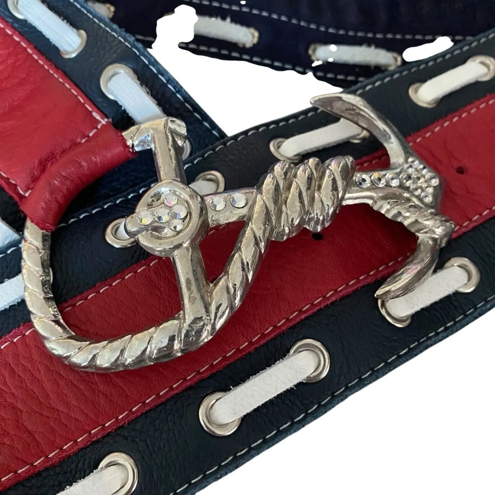 Leatherock Nautical Leather Boat Anchor Belt size large Wide Red White Blue - Image 2