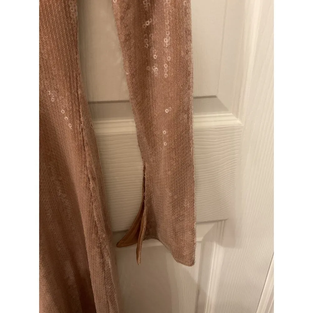 NWOT Meilun Deep V Dress Drawstring Long Sleeve Sequin Dress Long Gown, sz M Gold Size M - Image 7