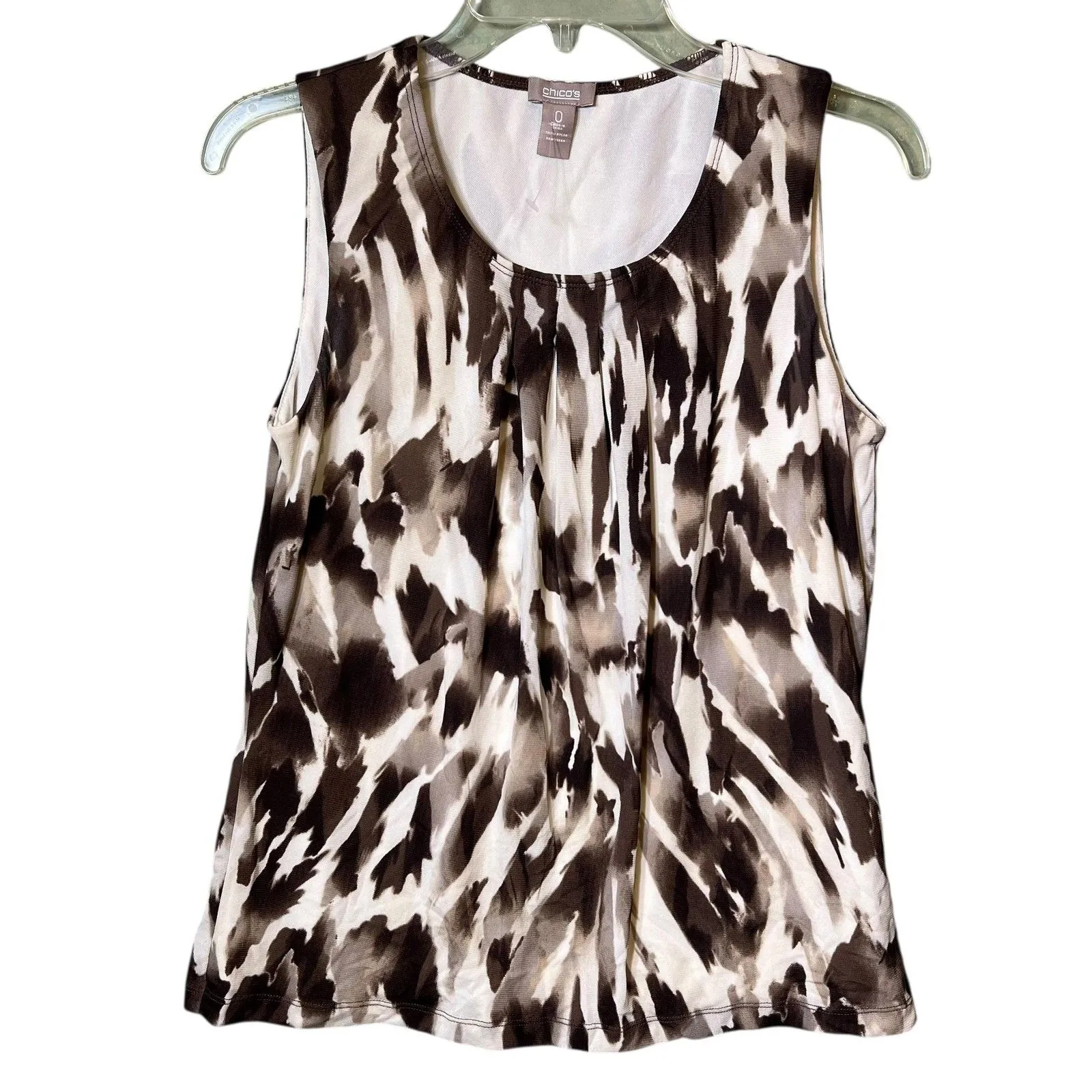 Chico's Shirt Womens 0 Brown Black Ivory Abstract Print Tank Top Pleated Neck - Image 9