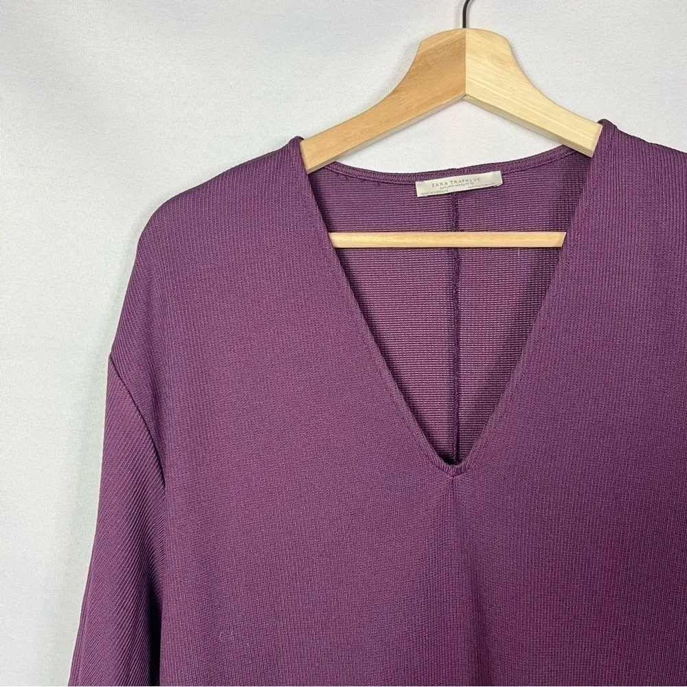 Zara Plum Purple Ribbed Long Sleeve Mini Shift Dress S - Image 4