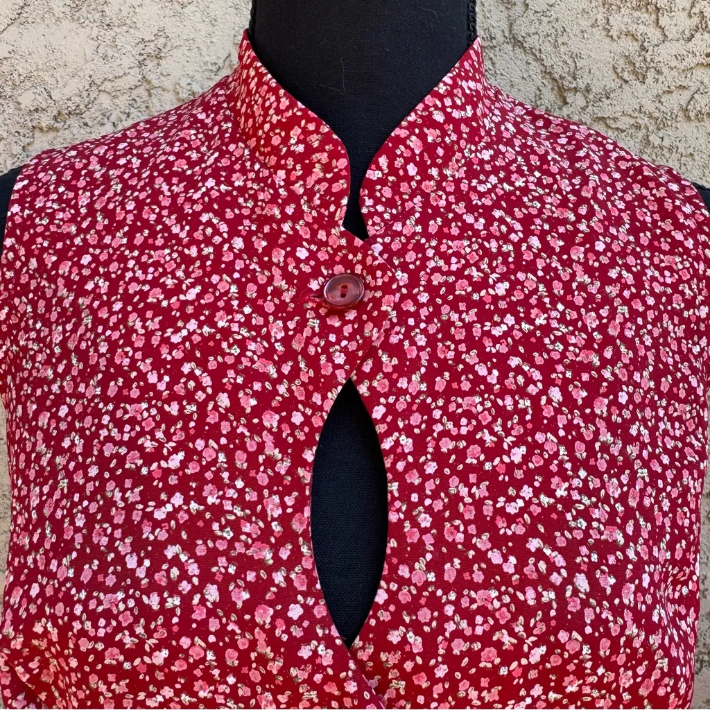 Vintage 90’s Cottagecore Mandarin Collar Red Floral Sleeveless Dress Size 12 - Image 7