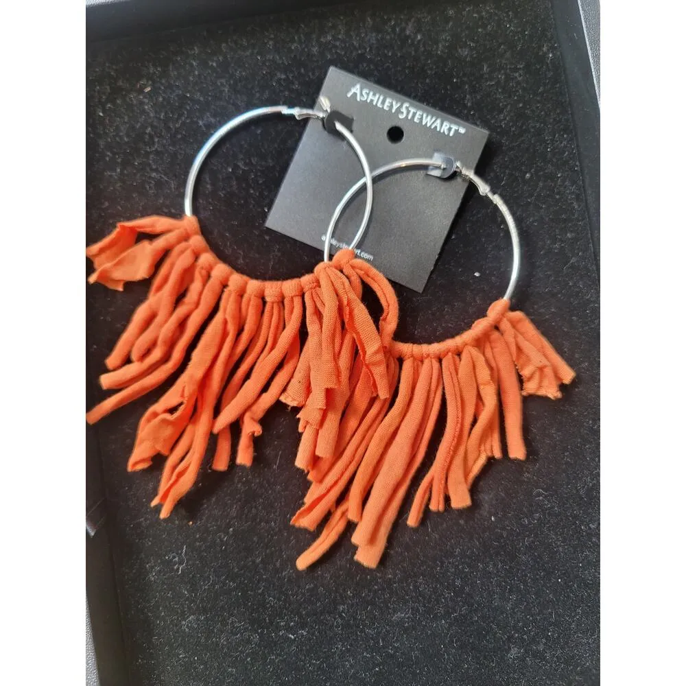 Women's Orange Fabric Fringe Hoop Earrings With Silver Metal Collar Necklace - Image 6