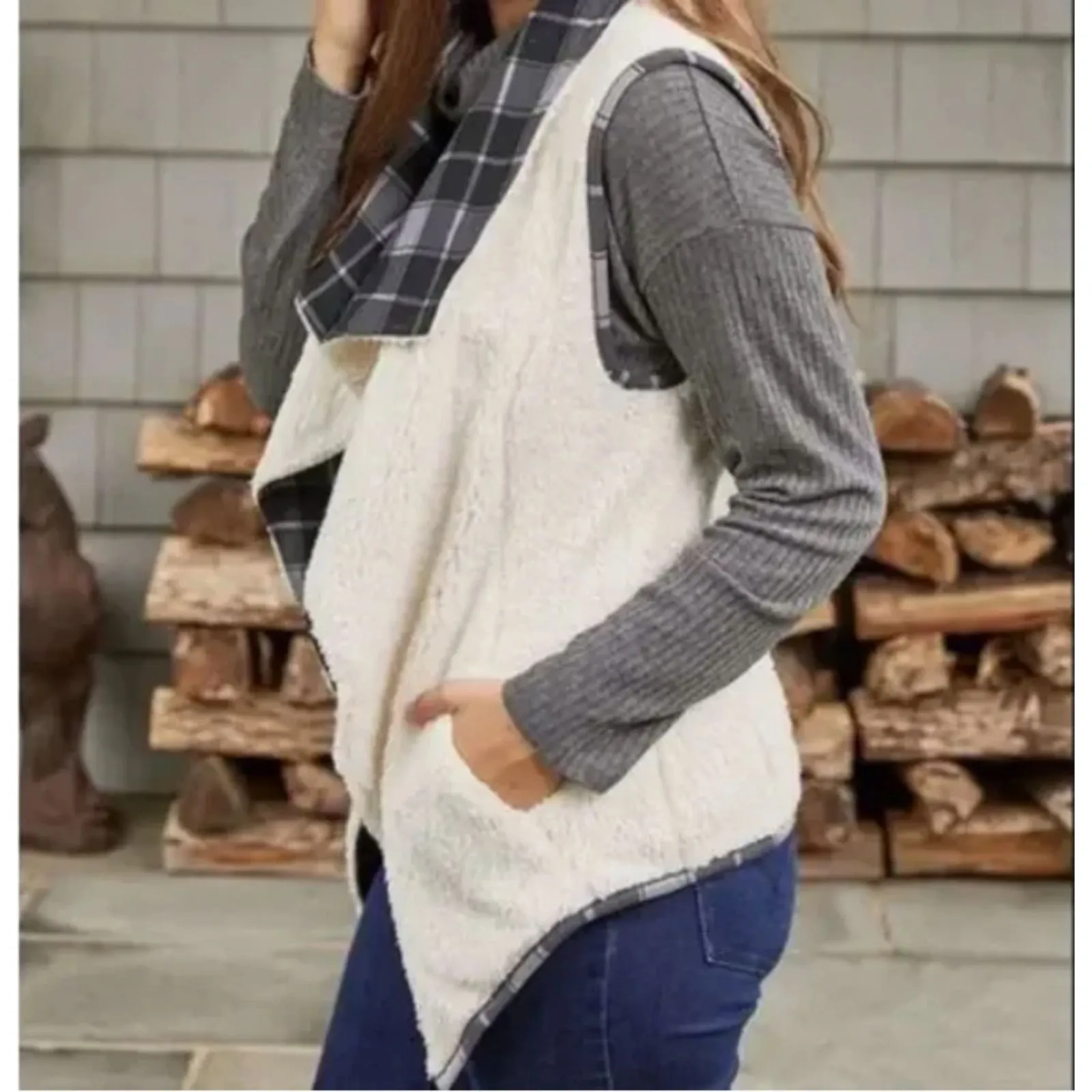 Matilda Jane Cozy Up Vest Reversible Black Gray Plaid Sherpa Lined Size Medium - Image 2