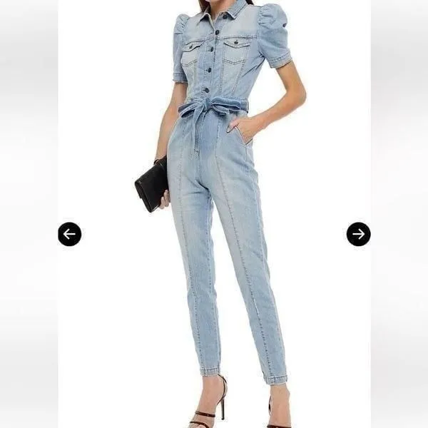 Retrofete Tori Belted Denim Jumpsuit Light Denim Puff Sleeve Size XS Blue - Image 2