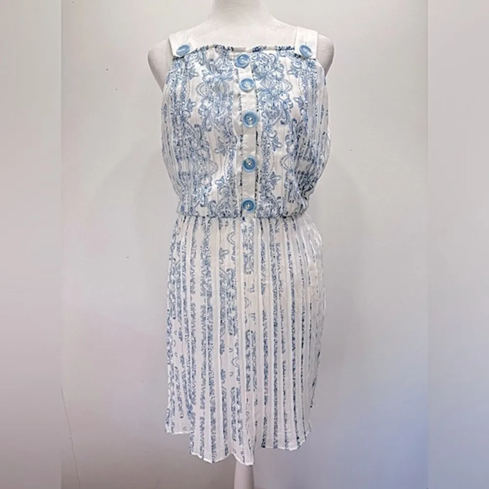 Blue & Ivory Pleated Plisse Skirt Dress KAS ModCloth Cottagecore Boho Milkmaid White Size M - Image 4