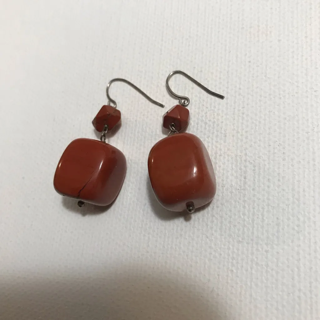Sterling Silver 925 Orange Brick Color Stone Dangle Hook Earrings - Image 2