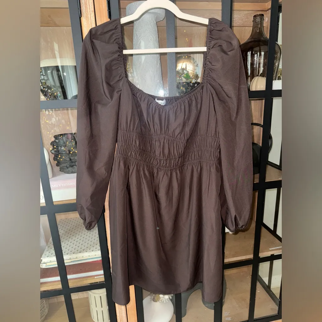 Gianni Bini mini dress long sleeve babydoll shirred espresso chocolate - Image 7