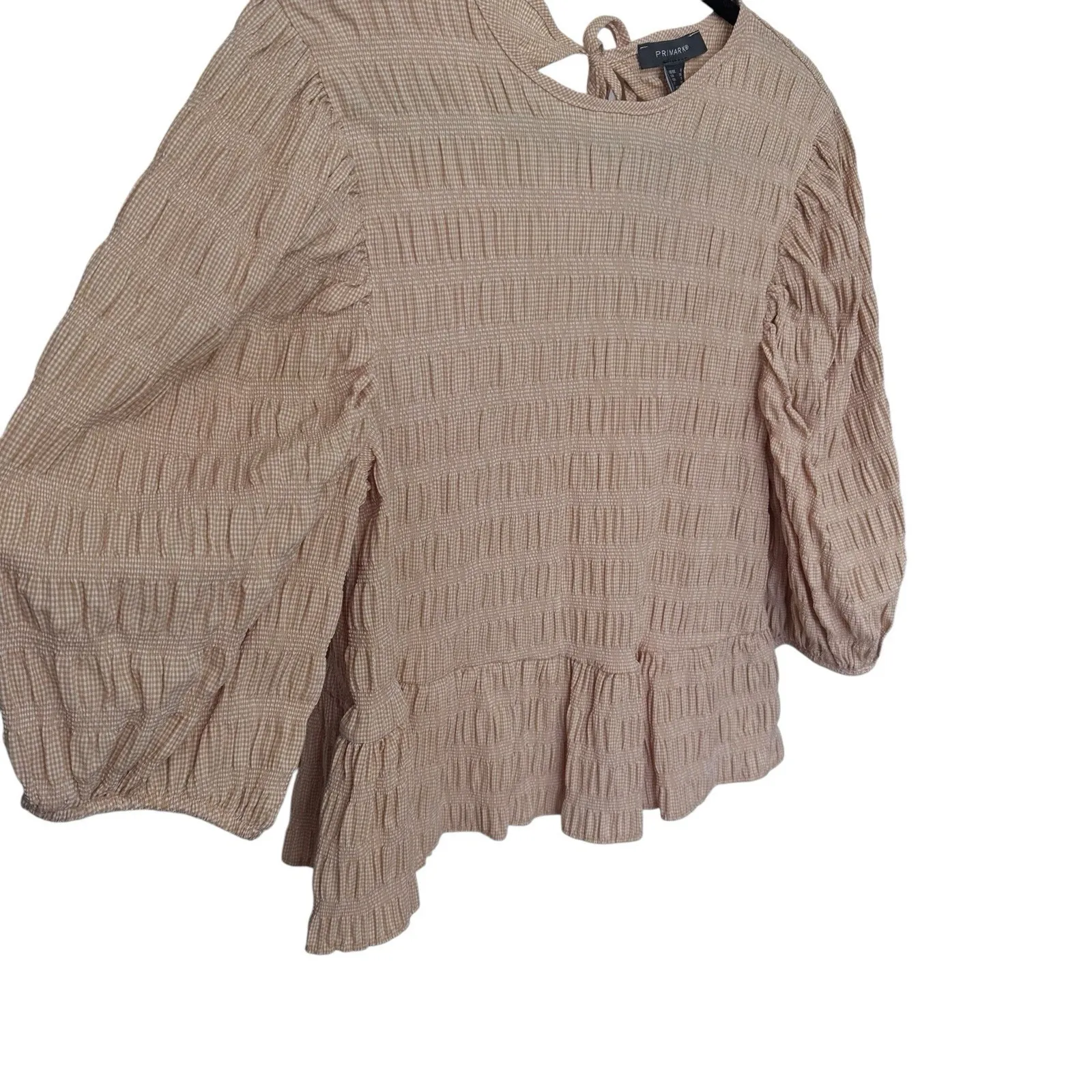 PRIMARK Orange Gingham Poplin Peplum‎ Smocked Puff Sleeve Babydoll Top Sz 4 NWT - Image 3