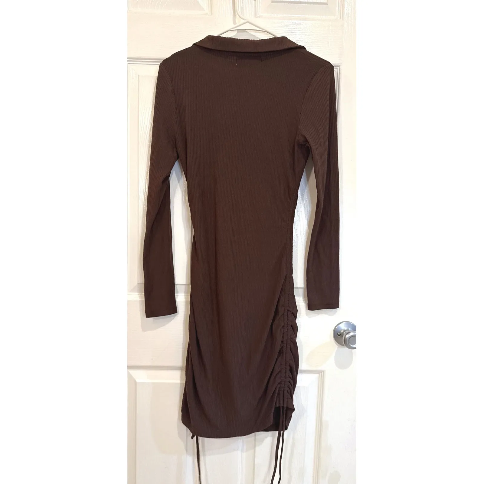 No‎ Comment Brown Ribbed Long Sleeve Mini Dress with Drawstring - L - Image 5