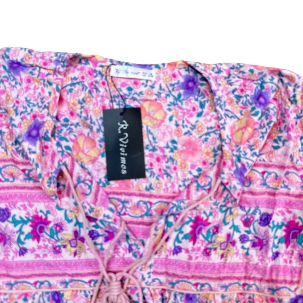 R. Vivimos Pink Floral Retro V Neck Tassel Bohemian Midi Dress Size Medium - Image 3