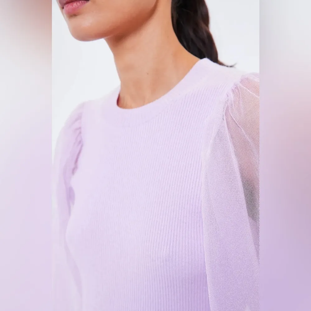 Tuckernuck Lilac Knit Betsy Blouse Size S NWT Sheer Puff Sleeve Stretchy Ribbed - Image 2