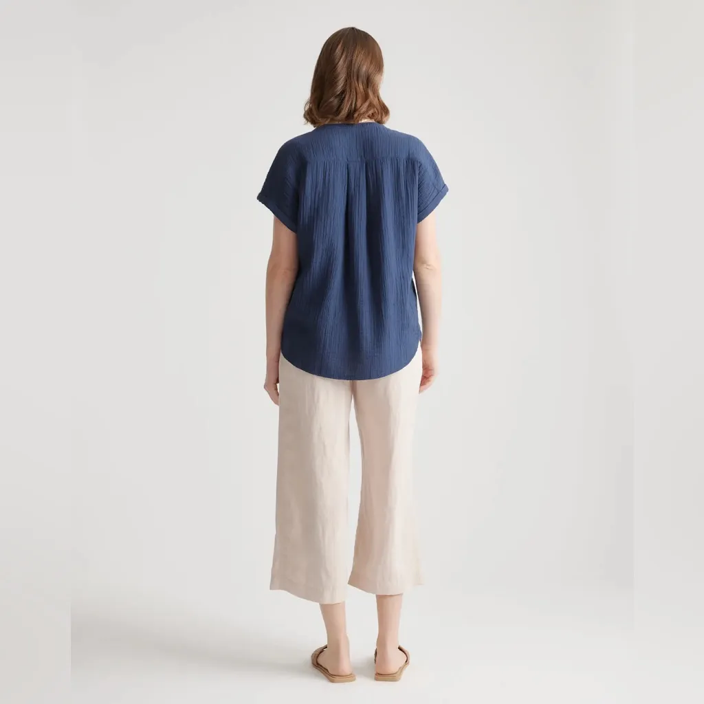 Quince Indigo Blue 100% Organic Cotton Gauze Roll Sleeve Shirt Size Small - Image 8