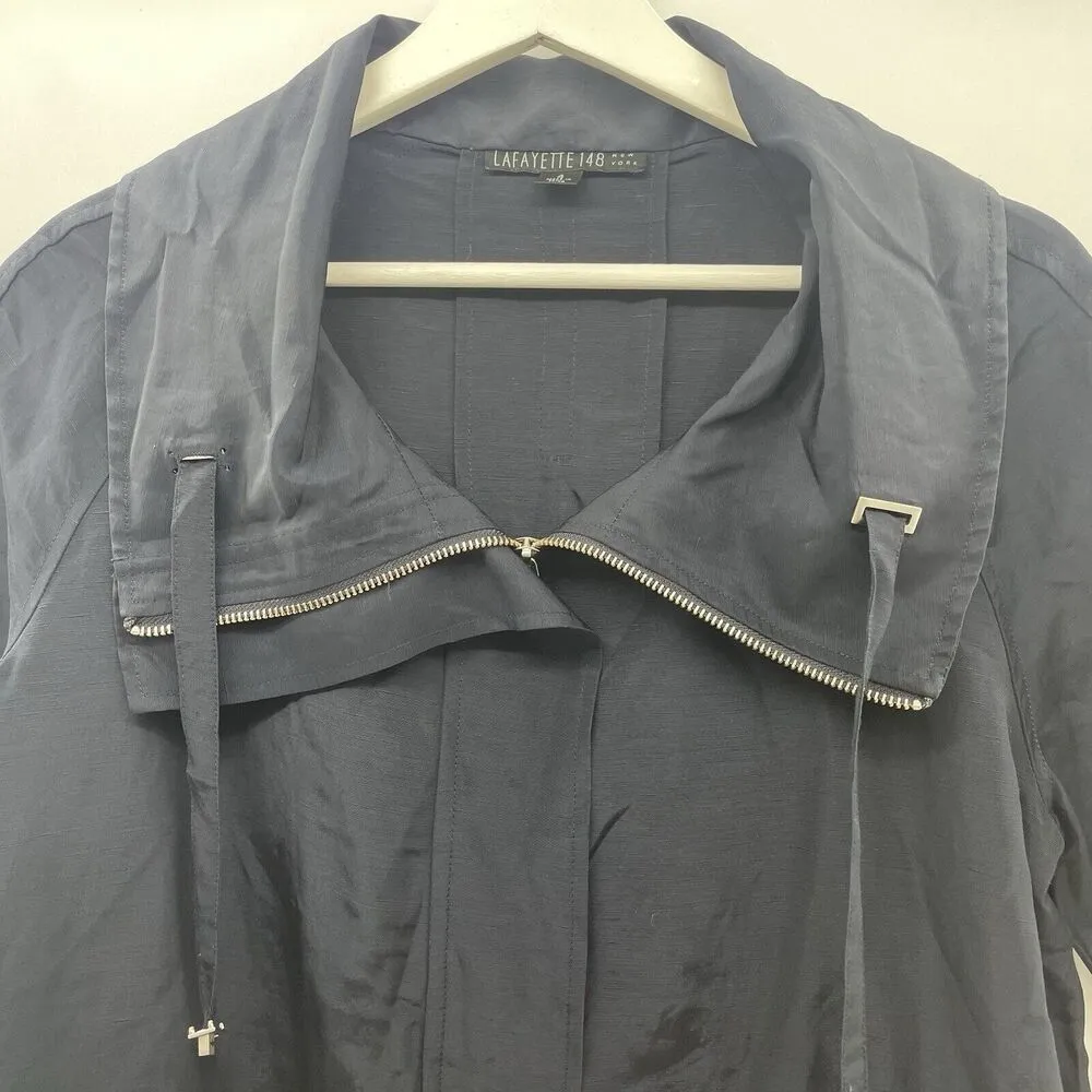Lafayette 148 Sz 4 Jacket Linen Blend New York Navy Full Zip 3/4 Sleeve Pocket - Image 4