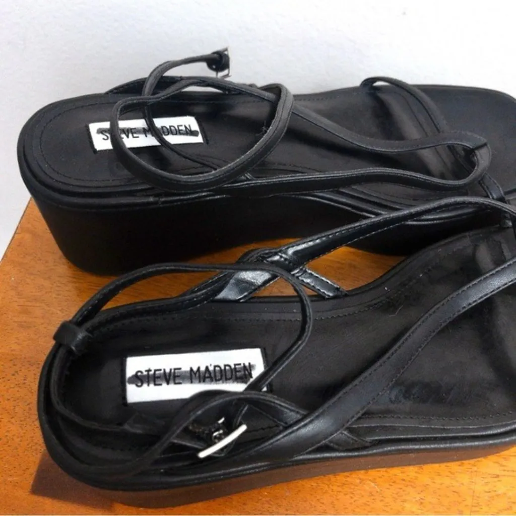 NWT Steve Madden Nadeen Platform Sandal 10 Black Faux Leather Flatform Strappy - Image 4