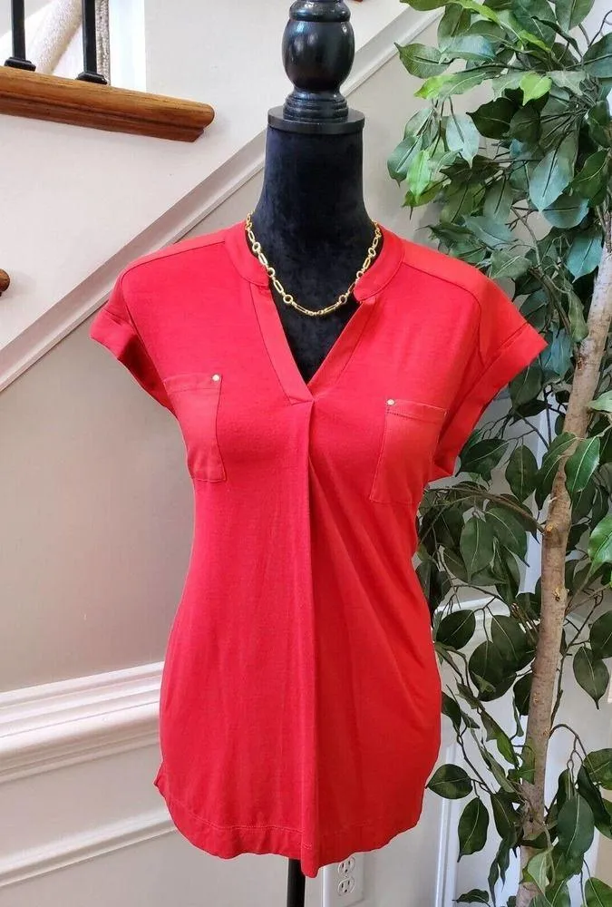 Calvin Klein Women's Red Solid Rayon V-Neck Short Sleeve Top Blouse Size Small - Image 10
