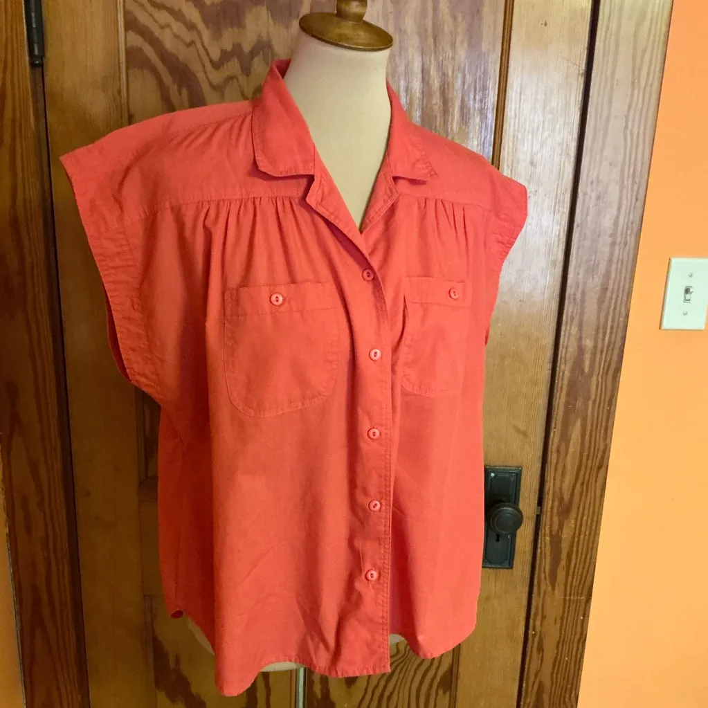 Vtg 70s orange girly button down top Size 18 - Image 12