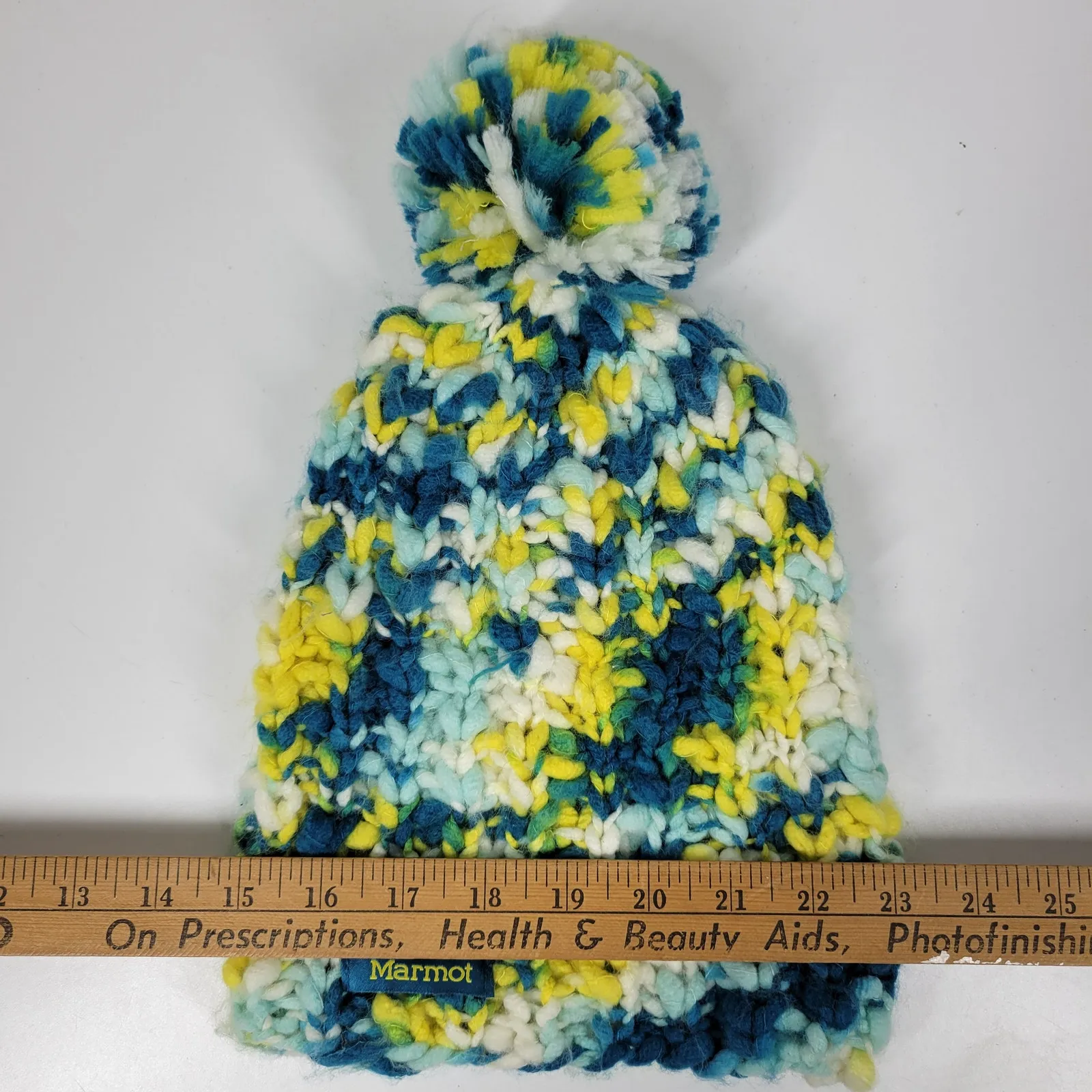 Marmot Frosty Womens Pom Pom Hat OS Green Yellow Loose‎ Knit Winter Cozy Cap - Image 13