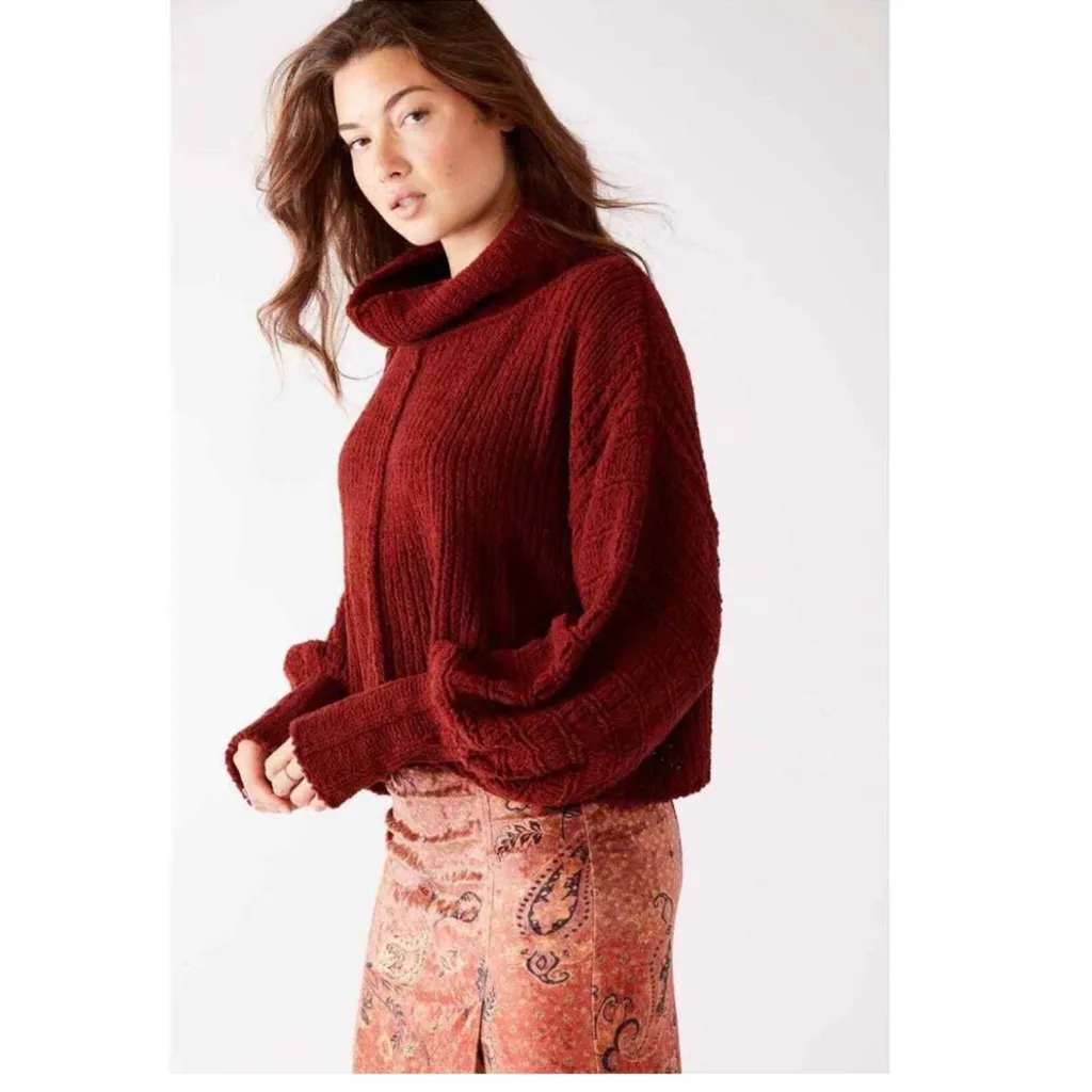 free people sweet cranberry cropped cowl neck sweater! - Image 2