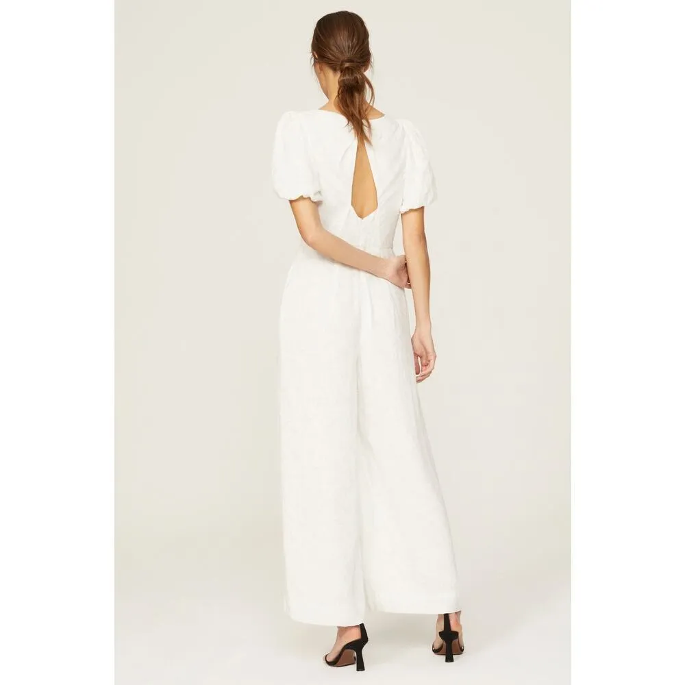 CLUB MONACO White Open Back V-Neck Textured Style Tie Back Jumpsuit Size 4 - Image 2