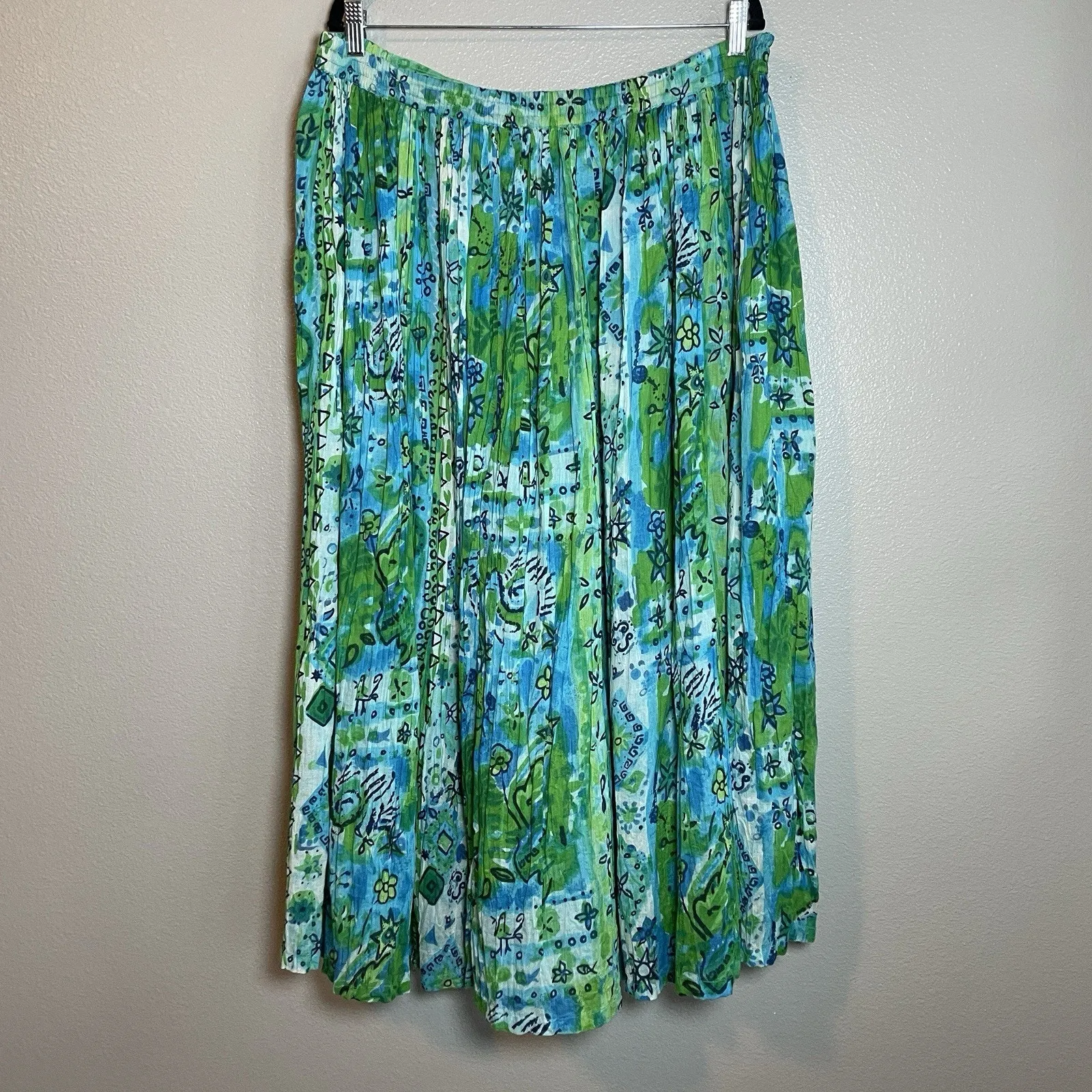 SANDY STARKMAN Large Blue Green Prairie Boho Crinkle Broomstick Long Maxi Skirt - Image 4