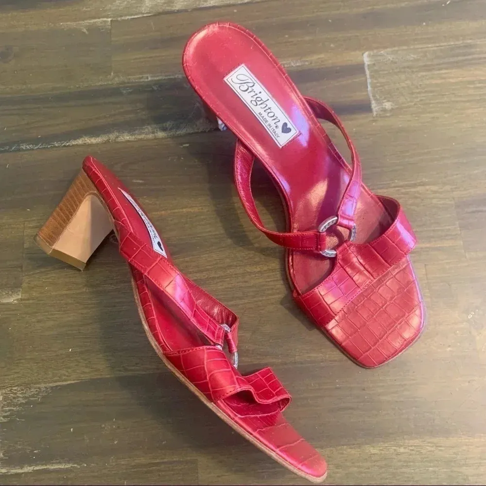 Brighton Red Terry Croc Embossed Leather Square Toe Sandals 90's Y2K Cherry - Image 2