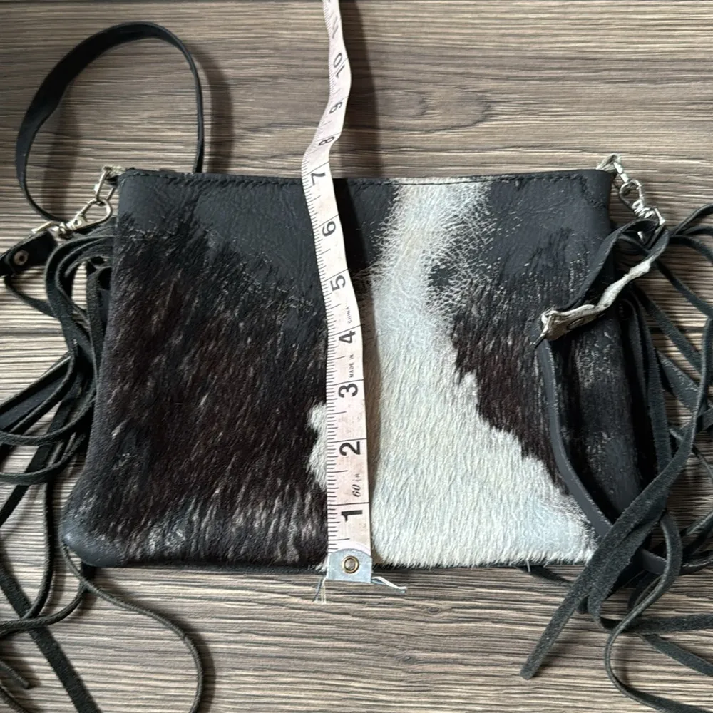 Genuine fur cowhide and leather fringe crossbody bag black and white - Image 4