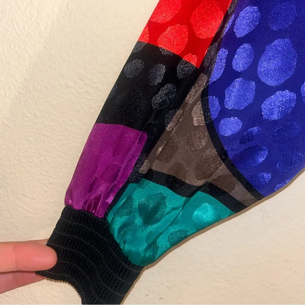 RARE NWT DEADSTOCK Vintage 80s Abstract Picasso Satin Bat Sleeve Loose Top 6 Black Size M - Image 5