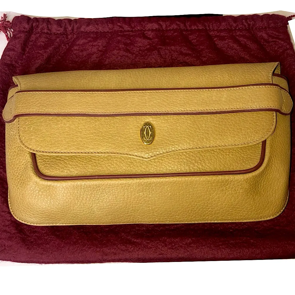 CARTIER Front Flap Clutch In Wine & Golden Tan Tumbled Leather w/ DUST BAG - Image 2