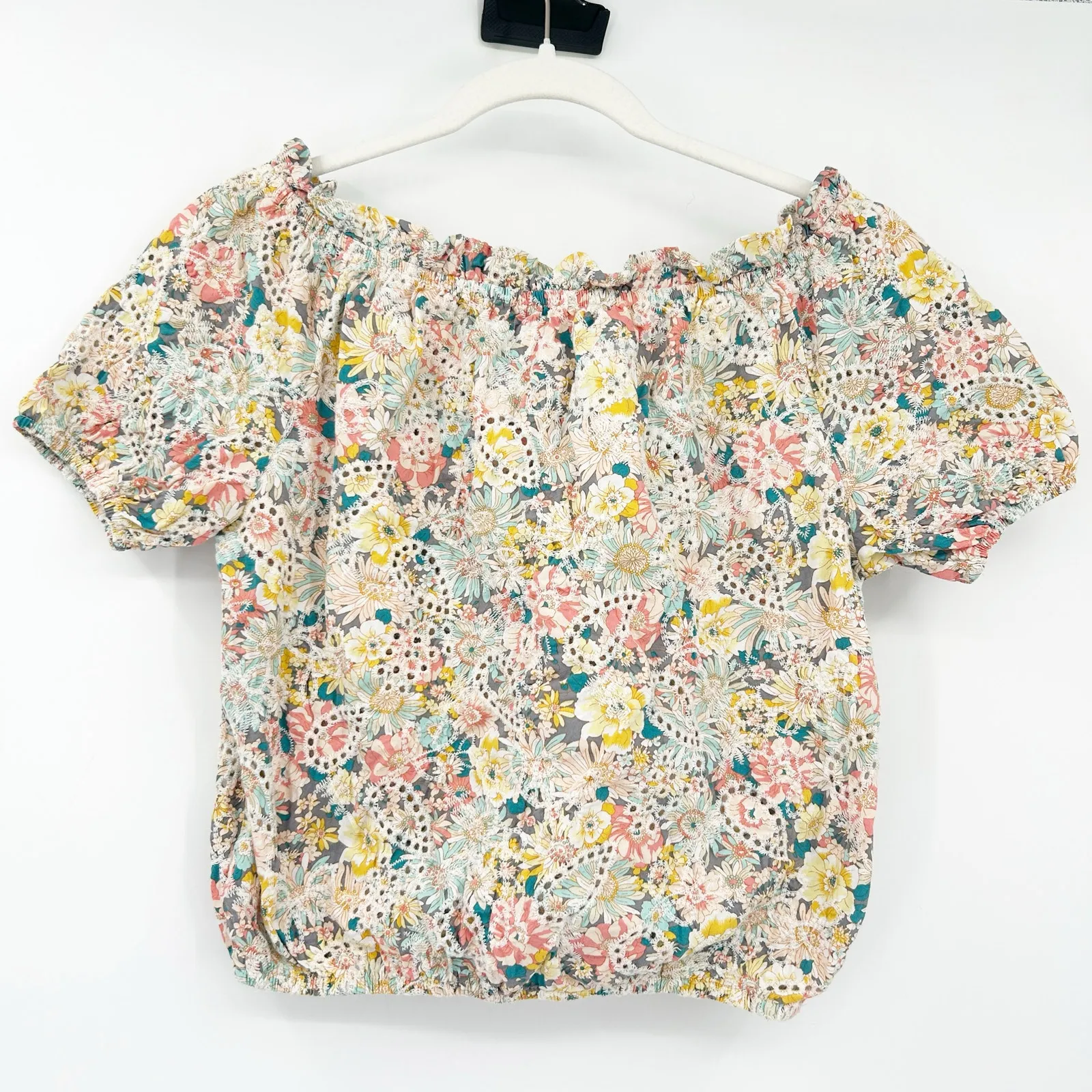 Solitaire Womens Boho Cottagecore Eyelet Off Shoulder‎ Crop Top Blouse Size M - Image 7