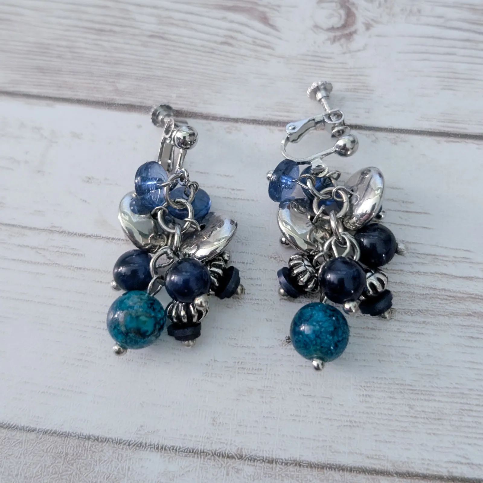 Vintage Clip On Earrings Blue & Silver Tone Cluster Dangle Statement - Image 6