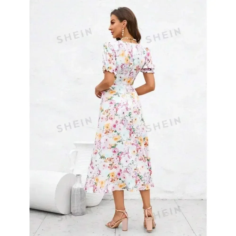 SHEIN Women's Small Floral Puff‎ Sleeve A-Line Multicolor Spring Midi Dress - Image 4