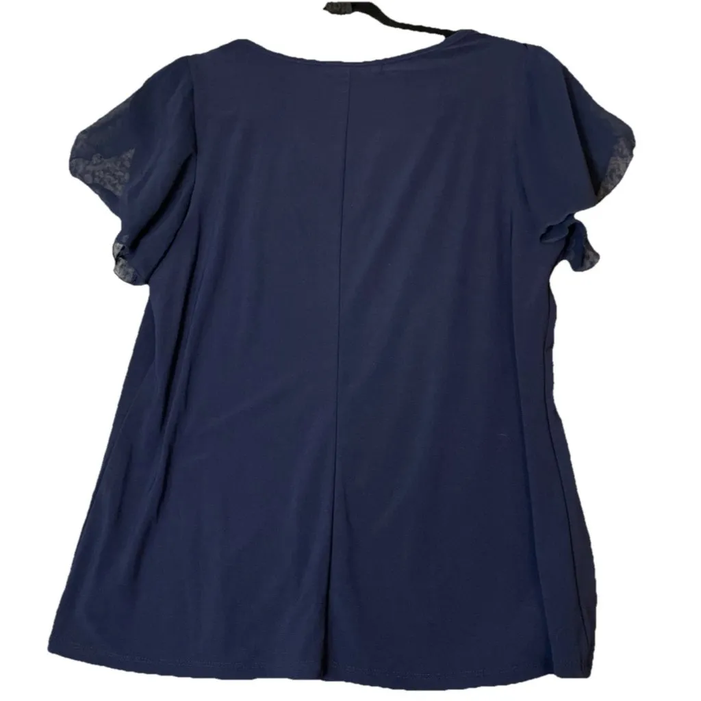 Adele‎ & May Top Blouse XL Navy Blue Rhinestone Neck Sheer Ruffle Sleeves NEW - Image 2