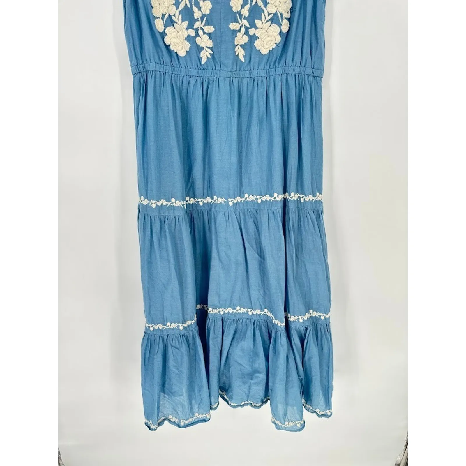 Lucky Brand Dress Sz M Blue Midi Floral Embroidered Tiered Ruffle Peasant Boho - Image 3