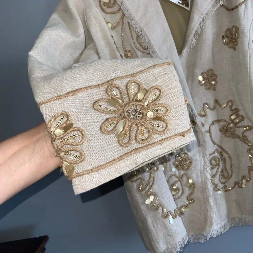 Silhouettes Tan Linen One Button Blazer~ Fringe~Embroidered~Sequins Size 22 NWT - Image 4