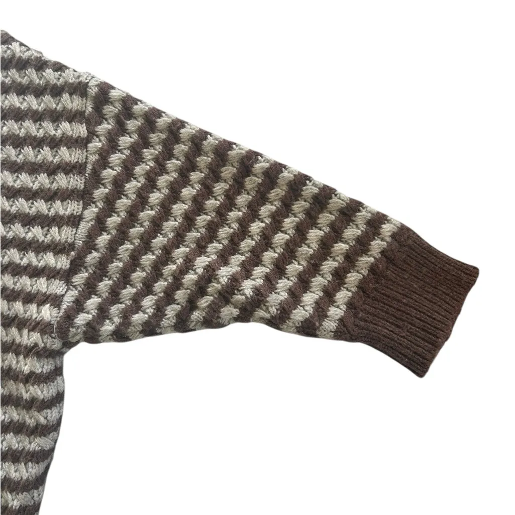 ZARA Brown Ivory Striped Oversized Slouchy Wool Crewneck Knit Sweater Size L - Image 10
