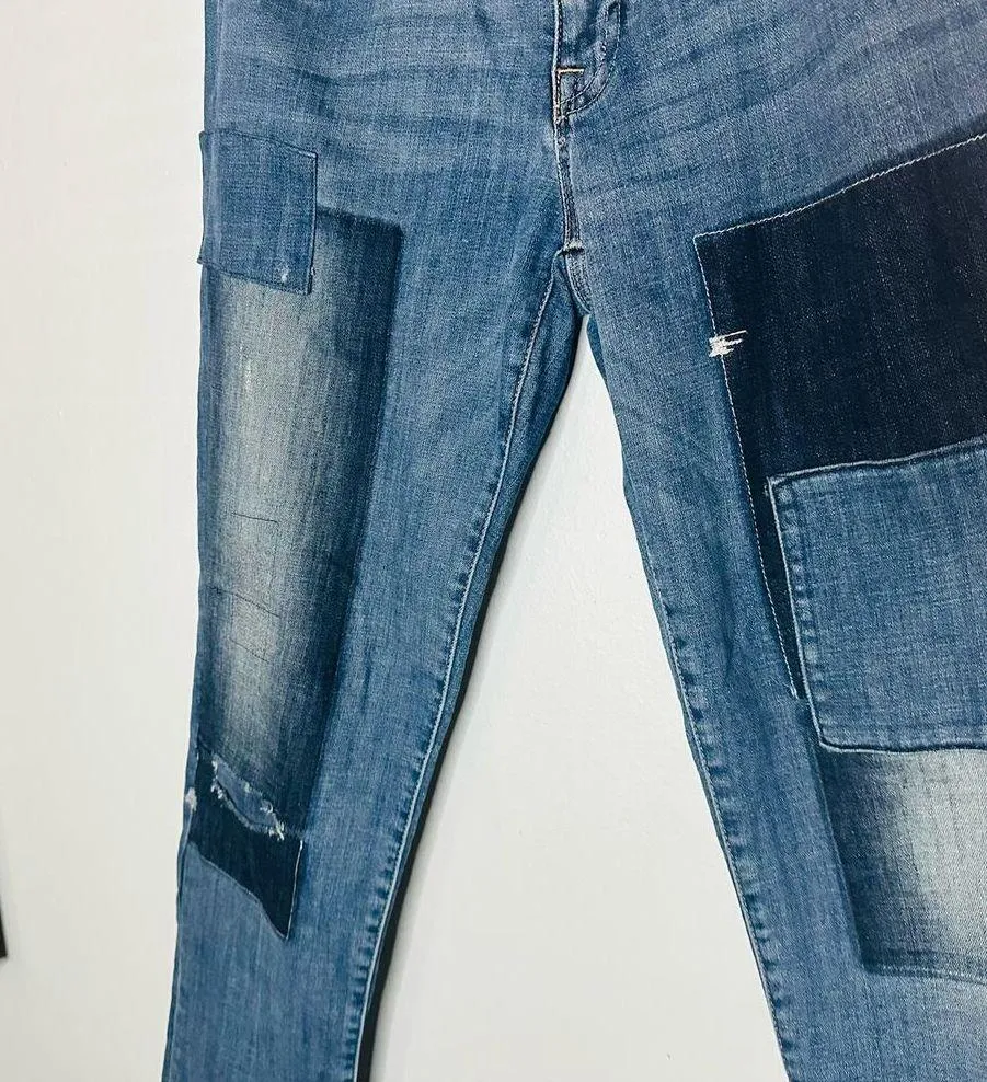 TOMMY HILFIGER Women's Medium Wash Patchwork Y2K Boyfriend Denim Jeans Size 8 - Image 5