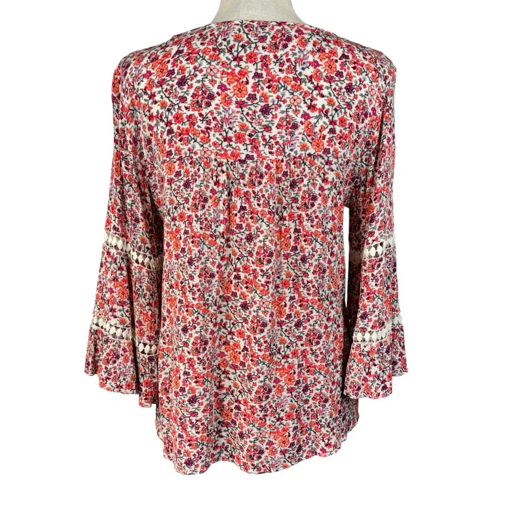 One World Medium Top Floral Gauzy Crochet Tasseled Keyhole 3/4 Bell Sleeve Multi - Image 5