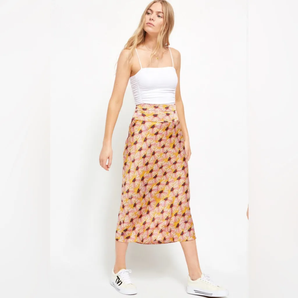 Free People Normani Printed Bias Midi Skirt Relaxed Fit in Honey size 8 - Image 3