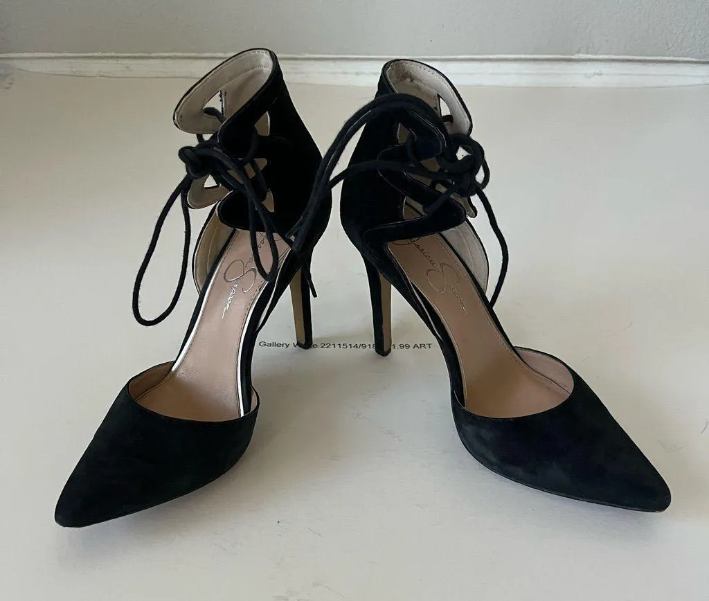 Jessica Simpson Cena Lace Up Black Suede Pointy Toe Heels Women's Size 8 - Image 6