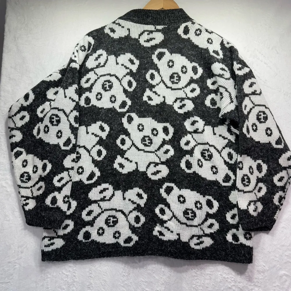 Vintage 90’s Y2K Black & White Teddy Bear Fuzzy Sweater Novelty Cozy Made in USA Size L - Image 2