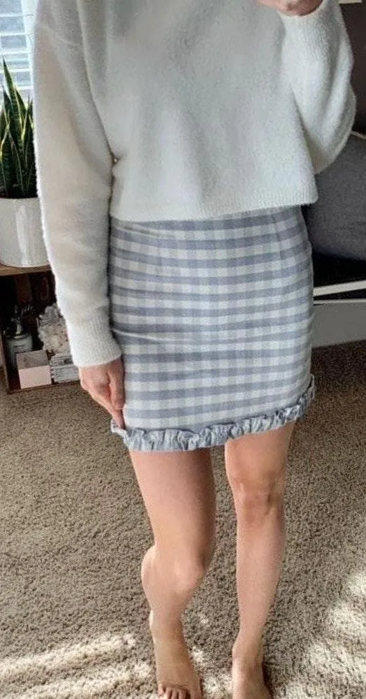 Blue And White Checkered Skirt With Ruffled Bottom - Image 2